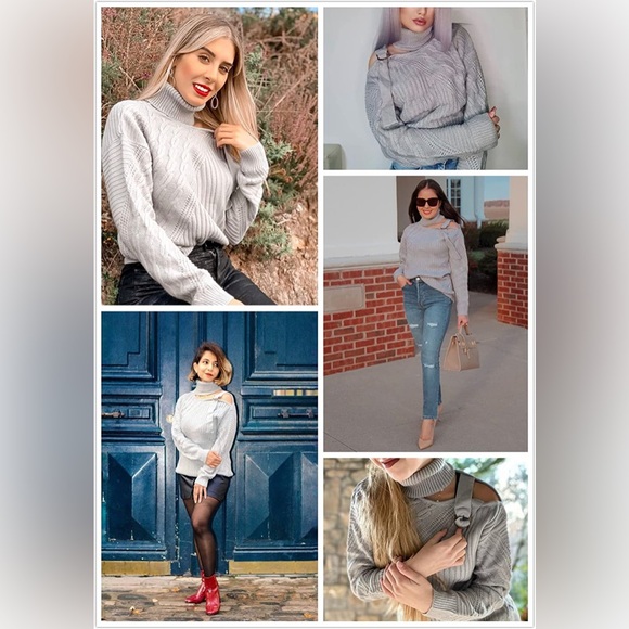 New - Gray Long Sleeve Off the Shoulder Turtleneck Knit Fall Sweater Small - Picture 4 of 11
